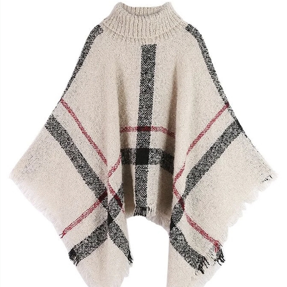 Goodnight Macaroon Cream and Black Plaid Poncho